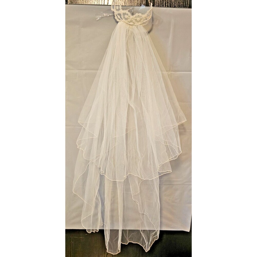 Lace Crown Bridal Veil Ivory 43" Waltz Length 2 Tier Pearl Trim Comb